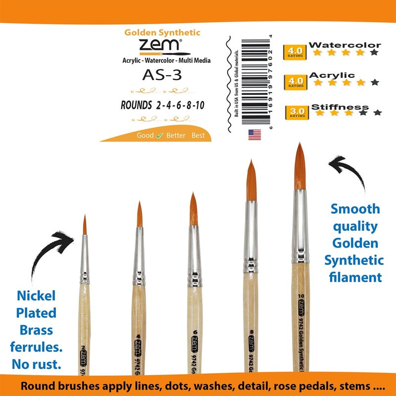 ZEM Brush Golden Synthetic Round Brushes Set Sizes 2,4,6,8,10 - Image 5